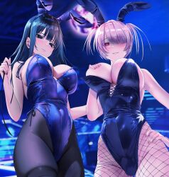 2girls ai ai_generated black_hair blush bulge bulge_through_clothing bunny_ears bunny_girl bunnysuit club covered_nipples expressionless fishnets futanari large_breasts latex nail_polish original_characters pink_hair ribbon shiny_skin smirk thick_thighs tights twintails viewed_from_below