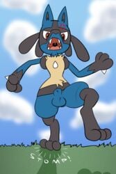 2:3 angry animal_genitalia anthro balls black_markings blue_body blue_fur casual_nudity cloud darkajugin fangs fully_sheathed fur genitals grass hi_res horn looking_at_viewer looking_down lucario male male_only markings nintendo open_mouth outside plant pokemon pokemon_(species) red_eyes sheath sky solo stomping tan_body tan_fur video_games y_sheath_opening