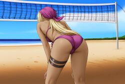 kuutei_senki gina_benvesta harrenhaler ai_assisted ai_generated 1girl solo_female from_behind view_from_behind blonde_hair long_hair ponytail bandana bikini panties purple_clothes thigh_strap bracelet tanned tanned_skin tan_skinned tan_skinned_female olive_skin bent_over bent_forward hands_on_knees sexy volleyball volleyball_net beach tropical warm sunny ocean sand water focus_on_ass back back_view