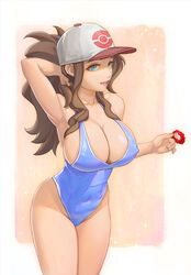 1girls alternate_breast_size areola_slip areolae armpits bare_shoulders blue_eyes breasts brown_hair creatures_(company) game_freak hat hilda_(pokemon) large_breasts long_eyelashes navel nintendo pokemon pokemon_bw simple_background solo swimsuit tied_hair yugen99