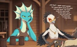2025 3girls accipitriform ai_generated annoyed anthro armor avian bird blue_body blue_scales blurred_background breastplate chromaxl_mix_(model) container countershading cup detailed_background director_name duo_focus english_text fantasy female female_anthro frill_(anatomy) furniture furry green_eyes grey_scutes group head_crest head_frill head_on_hand inside jewelry kobold kobold_(midria) lizard long_neck lying male/female medieval mostly_offscreen_character necklace offscreen_male offscreen_sex on_back on_table overland_kobold_(midria) pupils reptile riskit scales scalie scuted_arms scuted_forearms scuted_hands scutes secretary_bird sex shut_up slim slit_pupils squawking stfu table tagme tavern terraraptor text trili_(midria) trio vaginal_penetration vaginal_sex veskula_(midria) white_body white_countershading winged_arms wings world_of_midria yapping yellow_eyes