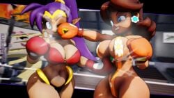 2girls 3d 3d_(artwork) big_breasts blue_eyes body_shot boxing boxing_gloves boxing_ring breasts brown_hair catfight chalkfights crossover duo eastern_and_western_character female female_focus female_only fight fighting fighting_ring gloves gut_punch huge_breasts kabalmystic_(style) large_breasts long_hair mario_(series) nintendo orange_boxing_gloves orange_gloves ponytail princess_daisy punch punching punching_face punching_stomach red_boxing_gloves red_gloves ryona shantae shantae_(character) short_hair stomach_punch thick thick_thighs thighs wayforward wide_hips