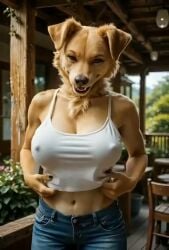 1girl 1girls 2026 abs ai_animated ai_animation ai_generated anthro big_breasts blonde_fur breasts canid canine chair cleavage crop_top dancing domestic_dog female female_only flashing flashing_breasts furry giggle jeans mammal marek_zaka midriff navel nipple_outline nipples outdoors outside potted_plant seductive smile solo solo_female sound swaying table tagme tail tailwag trees video white_clothing white_crop_top