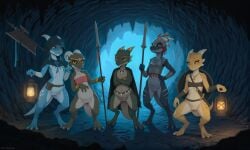 2025 3_toes 3wolfmondaisdg_(model) 4_fingers 5girls accessory adventurer ai_generated anthro arm_wraps armor belt black_sclera blue_body blue_scales bottomless bracelet breastplate cave chest_wraps cloak clothed clothing countershading crossed_arms dagger detailed_background director_name disappointed fantasy featureless_chest feet female female_anthro fingers front_view furry genitals green_body green_scales group hand_on_hip headband headgear helmet hi_res hood_up horn_jewelry horn_ring jewelry kobold kobold_(midria) lamp lantern limp_wrist lineup medieval melee_weapon mostly_nude mostly_nude_female necklace overland_kobold_(midria) plate_armor polearm proud pussy ribbon ring_(jewelry) scales scalie shield shield_on_back smile smirk smug snaggle_tooth spear standing stern_look story story_in_description tagme tassels terraraptor toes tribal tribal_jewelry ventral_scales weapon white_body white_countershading world_of_midria wraps yellow_body yellow_eyes yellow_scales