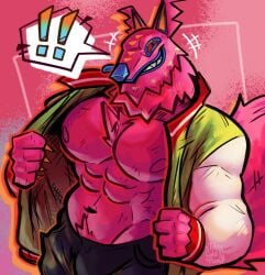 2d_(artwork) abs alebrije andy_fangerson anthro biceps big_pecs epic_games fortnite furry its_coldpizzart jacket male male_focus muscles muscular_male nipples pecs pink_fur red_eyes showing_abs showing_body showing_muscles showing_off smiling_at_viewer video_game_character wolf
