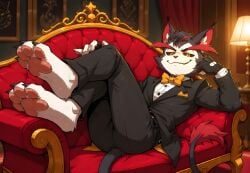 husk_(hazbin_hotel) 1boy solo male male_only solo_male furry furry_male anthro anthro_male colored_sclera yellow_sclera orange_sclera black_pants black_jeans couch, suit suit_and_tie tuxedo bowtie traditional_bowtie hankerchief looking_at_viewer looking_back_at_viewer smirk smirking smirking_at_viewer staring_at_viewer seductive seductive_look seductive_smile seductive_eyes seductive_pose teasing_viewer teasing toothy_grin tooth crossed_legs paws pawpads foot_fetish foot_focus feline demon animal_humanoid animal_ears cat_ears cat_tail tail black_sclera black_nose golden_eyes yellow_eyes orange_eyes gold_eyes red_eyebrows fluffy claws gloves fingerless_gloves formal formal_wear indoors indoor body_fur barefoot white_fur black_fur shirt on_couch yellow_bowtie multicolored_hair sleeves long_sleeves hand_on_face hand_on_own_face elbow_rest black_suit black_jacket sitting laying_on_couch feet_on_couch white_shirt buttons black_gloves full_body armchair animal_nose hazbin_hotel vivienne_medrano ai_generated ai ai_art ai-created civitai upscaled upscaled_from_source