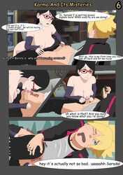 1boy 1girls boruto:_naruto_next_generations clothed clothed_sex comic condom condom_on_penis dialog dialogue doujinshi erogakure fellatio female manga naruto oral oral_sex page_6 sarada_uchiha uzumaki_boruto