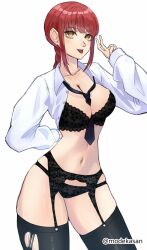 1girls 2d 2d_(artwork) 2d_artwork adult adult_female arm_behind_back arm_up belly belly_button black_bra black_garter_belt black_garter_straps black_legwear black_necktie black_panties black_stockings black_thigh_highs black_thighhighs black_underwear bra braid braided_hair braided_ponytail breasts busty busty_female chainsaw_man cleavage collarbone curvaceous curvaceous_body curvaceous_female curvaceous_figure curvaceous_hips curvaceous_thighs curvy curvy_body curvy_female curvy_figure curvy_hips curvy_thighs digital digital_art digital_drawing digital_drawing_(artwork) digital_media digital_media_(artwork) drawing eyebrows_visible_through_hair female female_focus female_only fingers frilled_bra frilled_underwear garter_belt garter_straps groin half_naked half_nude hand_behind_back hand_up head_tilt high_resolution highres hourglass_figure lace-trimmed_bra lace-trimmed_garter_belt lace-trimmed_panties lace-trimmed_underwear lace_bra lace_garter_belt lace_garter_straps lace_panties lace_underwear laced_bra laced_panties laced_underwear large_breasts lean_figure legwear long_hair looking_at_viewer makima_(chainsaw_man) matching_underwear mature mature_female midriff modekasan narrow_waist navel necktie open_clothes open_clothing open_shirt open_topwear panties peace_sign ponytail posing posing_for_the_viewer posing_naked posing_nude red-haired_female red_hair ring_eyes ringed_eyes ripped_thighhighs semi_nude shirt shoulders sidelocks sign simple_background skindentation slender_body slender_waist slim_female slim_waist solo standing stockings thick_thighs thigh_highs thighhighs thighs tilted_head tongue tongue_out torn_thighhighs unbuttoned unbuttoned_shirt underwear upper_body v v_sign white_background white_shirt white_topwear wide_hips yellow-eyed_female yellow_eyes