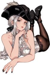 1female 1girls 2026 ahoge ai_assisted ai_generated background bare_shoulders big_breasts black_nails black_panties bloodborne blush blushing_female breasts clothed clothing female female_focus female_only fromsoftware green_eyes heels high_heels lady_maria_of_the_astral_clocktower large_breasts leotard light-skinned_female light_skin long_hair lying lying_on_stomach nails nipples panties pantyhose pantyhose_under_shorts parted_lips ponytail pose posing sideboob simple_background sleeveless smile smiling tricorne uncensored video_game video_game_character video_game_franchise video_games white_background white_hair