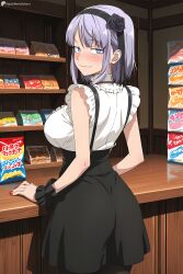 ai_generated black_flower blue_eyes blush breasts dagashi_kashi digitalwaifugallery female female_only flower food hair_flower hair_ornament hair_ribbon hairband hi_res high_quality high_resolution large_breasts looking_at_viewer looking_back nail_polish pantyhose patreon purple_hair ringed_eyes rose seductive sexy shidare_hotaru skirt smile solo suspender_skirt suspenders uncensored watermark