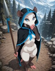 1girl 1girls 2025 5_fingers 5_toes ai_generated american_opossum anthro barefoot black_cloak blue_eyes breasts cloak_only covering covering_mouth detailed_background didelphid digitigrade director_name english_text evergreen_tree eyelashes fantasy feet female female_anthro fingers fur furry genitals hi_res high-angle_view holding_object holding_weapon hood_up laughing looking_at_viewer mammal marsupial medieval melee_weapon mostly_nude mostly_nude_female mountain nipples opopi_(midria) outside pine_tree plant polearm pussy ribbon solo spear tagme terraraptor text toes trail tree weapon whiskers white_body white_fur wide_hips world_of_midria yiffymix_(model)