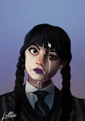 1girls 2d black_hair braided_hair braided_twintails clothed clothed_female color cum cum_on_face female female_only full_color funny_face lottie_hotley non-nude one_eye_closed solo the_addams_family twintails wednesday_(netflix) wednesday_addams