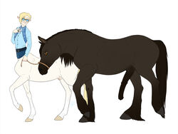 4:3 alistair_(kevira065) animal_genitalia animal_genitalia_on_humanoid animal_penis belt blonde_hair centaur clothing duo equid equid_taur equine equine_penis eyewear feral feral_on_taur fully_sheathed genitals glasses hair hooves horse horsecock_on_humanoid humanoid_taur kevira065 male male/male mammal mammal_taur penis rope sheath shirt simple_background taur topwear vest white_background