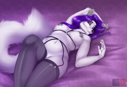 2021 aleksikashvets anthro black_nipples black_nose claws closed_eyes clothing digital_media_(artwork) female fluffy footwear hair harness lying nipples on_back purple_hair simple_background socks solo white_body