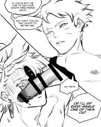 2boys black_and_white boruto:_naruto_next_generations boruto:_two_blue_vortex boruto_uzumaki code_(boruto) dialogue dominant_male duo duo_focus duo_male ear_piercing ear_ring earrings english_text erect_nipples erection facial_piercing forced forced_sex forced_yaoi gay gay_male gay_sex hand_on_head hi_res high_resolution highres imminent_fellatio imminent_oral imminent_rape imminent_sex kanekane kneeling male male/male male_only maledom messy_hair monochrome naruto naruto_(series) nipples on_knees one_eye_closed penis penis_on_face rape scar scar_across_eye scar_on_face shonen_jump shounen_jump shueisha speech_bubble spiky_hair standing text topless topless_male twink uzumaki_boruto very_high_resolution weekly_shonen_jump weekly_shounen_jump whisker_markings whiskers yaoi