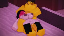 1girls 2boys 3d abs areolae balls breasts cesoperator cum dummies_vs_noobs guest_(roblox) lying_on_back nipples noob nude oral penis pussy roblox roblox_game robloxian source_request standing tagme thighhighs