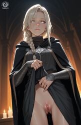 1girls ai_generated blind clitoral_hood clitoris closed_mouth clothes_lift dark_souls dark_souls_3 female female_only fire_keeper fromsoftware looking_at_viewer presenting presenting_pussy pussy pussy_juice robe robe_lift seacreator solo