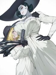 2girls alcina_dimitrescu alcina_dimitrescu_(cosplay) big_breasts black_hair blonde_hair breast_size_difference breasts breasts_bigger_than_head capcom claws cleavage clothed clothing cosplay dress duo earrings female female_only giantess gloves grace_ashcroft grace_ashcroft_(dimitrescu_costume) grey_body gun hat hourglass_figure huge_breasts large_breasts larger_female massive_breasts mature_female medium_breasts milf mini_giantess necklace nervous pale-skinned_female pale_skin petite resident_evil resident_evil_8:_village resident_evil_9:_requiem short_hair sintrybest size_difference slim_waist smaller_female sweat thick thick_thighs thighs thighs_bigger_than_head thunder_thighs voluptuous voluptuous_female weapon white_background wide_hips yellow_eyes