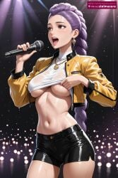 ai_generated areola_slip black_shorts braid braided_ponytail breasts brown_eyes clothes_lift concert crop_top earrings female female_only holding holding_microphone jacket jewelry kpop_demon_hunters large_breasts lifted_by_self long_hair microphone midriff music navel necklace netflix no_bra open_clothes open_jacket open_mouth purple_hair rumi_(kpop_demon_hunters) shiny shiny_skin shirt shirt_lift short_shorts shorts singing solo spotlight stage_lights standing stelmazura stomach sweat underboob wet wet_clothes white_shirt yellow_jacket