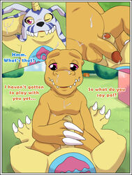 agumon anthro bandai_namco belly bodily_fluids claws comic cum cum_on_face dialogue digimon digimon_(species) duo english_text erection foreskin frottage gabumon genital_fluids genitals half-erect hi_res humanoid_genitalia humanoid_penis hypnosis male male/male mind_control penis sex shadowpelt slightly_chubby text