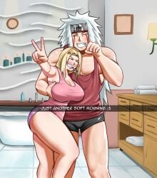 1boy 1boy1girl 1girls :3 absurd_res absurdres anger_vein ass bare_arms bare_legs bare_shoulders bare_thighs bathroom bbw big_breasts black_underwear blonde_hair blush boxer_briefs boxers briefs brushing_teeth busty but cleavage closed_eyes couple duo duo_focus english_text facepaint forehead_protector gilf height_difference hi_res high_resolution highres indoors inner_sideboob jiraiya large_breasts long_hair mature mature_female mature_male mature_woman milf muscles muscular muscular_male nail_polish naruto naruto_(classic) naruto_(series) naruto_shippuden nike nike_logo nose_blush painted_nails peace_sign pecs pink_nail_polish pink_nails pose posing purple_panties purple_underwear romantic romantic_ambiance romantic_couple selfie shonen_jump shounen_jump shueisha sideboob sleeveless sleeveless_shirt smile smiling smiling_at_viewer snapchat spiky_hair tank_top teeth teeth_showing text thick_thighs thighs toothbrush tsunade tsunade_(naruto) tsunade_senju underwear v very_high_resolution weekly_shonen_jump weekly_shounen_jump white_hair zeincxc