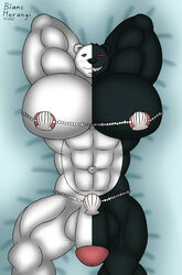 2021 abs anthro big_muscles big_penis black_body black_fur blanchorangi blush dakimakura_design danganronpa danganronpa_2 danganronpa_2:_goodbye_despair danganronpa_v3 digital_drawing_(artwork) digital_media_(artwork) embarrassed fur genetic_chimerism genitals grin hand_behind_back hand_behind_head hi_res huge_muscles hyper male mammal monokuma multicolored_body multicolored_fur multicolored_penis muscular navel nipples outie_navel pecs penis seashell_bikini seashell_bra seashell_panties shaded signature simple_background smile solo straight_hair teeth ursid what white_body white_fur