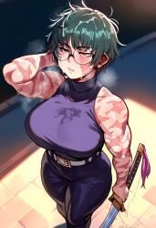 1girls 2026 ai ai_art ai_generated bare_arms bare_shoulders belt big_breasts breath breath_cloud breathing breathing_heavily brown_eyes burn_scar clothed clothed_female cum cum_on_clothes cum_on_face cum_on_hair cum_rain curvaceous curvaceous_body curvaceous_female curvaceous_figure curves curvy curvy_body curvy_female curvy_figure curvy_hips female female_focus female_only fit fit_female genlation glasses green_eyes hand_on_face holding_object holding_sword huge_breasts jujutsu_kaisen large_breasts light-skinned_female light_skin maki_zenin muscular muscular_female pants purple_shirt round_glasses scar scars short_hair simple_background solo solo_female solo_focus standing steam steaming steaming_body steamy steamy_breath sweat sweatdrop sweating sweaty sweaty_body sword thick thick_legs thick_thighs thighs tight_clothing tight_pants up_view upper_body upper_body_focus visible_breath zenin_maki