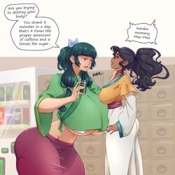 2girls angry angry_face big_ass big_breasts big_hips black_hair dark-skinned_female energy_drink female female_only green_clothing green_hair green_topwear hyper_breasts kusuriya_no_hitorigoto lifting maomao_(kusuriya_no_hitorigoto) monster_drink n647 shell yellow_topwear