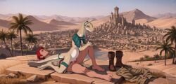 1boy 1girls 2025 4_fingers 5_toes accessory ai_generated amazing_background anthro anthro_penetrated balls balls_deep black_sclera bodily_fluids body_hair boots bottomless bow_ribbon castle city city_background claws closed_eyes clothed clothed_sex clothing countershading cum cum_in_pussy cum_inside desert detailed_background dhinalel_(midria) digitigrade discarded_clothing duo eyelashes fantasy featureless_chest feet female female_anthro finger_claws fingers footwear frill_(anatomy) furgonomic furry genital_fluids genitals hair hand_on_knee hand_on_leg hands_behind_head head_crest head_frill headgear headwear hi_res human human_on_anthro human_penetrating human_penetrating_anthro interspecies jewelry leg_hair lizard lying male male/female male_human mammal medieval necklace oasis on_back on_bottom on_rock on_top outside_sex palm_tree penetration penile penile_penetration penis penis_in_pussy plant pupils pussy red_hair reptile reverse_cowgirl_position scales scalie sex slit_pupils tagme tail tail_accessory tan_body tan_scales terraraptor toe_claws toes town tree vaginal_penetration white_body white_countershading world_of_midria yellow_eyes yiffymix_(model)