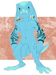 2021 4_toes 5_fingers absurd_res alternate_version_at_source amphibian anthro arm_tattoo athletic athletic_anthro athletic_male balls belly biceps big_balls big_penis blue_arms blue_belly blue_body blue_chest blue_eyes blue_feet blue_fingers blue_glans blue_hands blue_head blue_legs blue_penis blue_scales blue_toes blurred_background bristol closed_smile fan_character feet fingers flaccid flat_colors front_view full-length_portrait furgonomics furry-specific_piercing genitals glans gold_(metal) gold_jewelry gold_ring green_tattoo hi_res humanoid_genitalia humanoid_hands humanoid_penis jewelry league_of_legends male marine muscular muscular_anthro muscular_male navel nude_anthro nude_male original_character pecs penis photo_background piercing portrait pseudo_hair quads riot_games scales scalie serratus short_anthro short_male simple_background solo solo_male spread_legs spreading standing tattoo tentacle tentacle_hair tentacle_piercing tentacle_ring toes vein veiny_penis video_games water white_background yordle