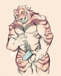 absurd_res anthro balls beard bearlyfeline bedroom_eyes biceps blue_penis body_hair brown_stripes facial_hair felid fingernails forked_tongue fur genitals happy_trail hi_res holding_balls male mammal musclegut muscular muscular_anthro muscular_male nails narrowed_eyes nipples nude open_mouth pantherine pecs penis pubes quads seductive simple_background smile solo striped_body striped_fur stripes tan_body tan_fur tiger tongue tongue_out