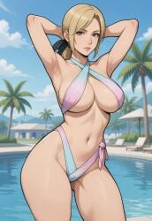1girls ai_generated armpit_crease arms_behind_head bangs belly_button bikini blonde_hair dead_or_alive female female_only flat_colors grey_eyes grok hair_ribbon hair_tie helena_douglas hourglass_figure inner_sideboob light-skinned_female looking_at_viewer lounge_chair medium_breasts midriff multicolored_clothing neutral_expression palm_tree pelvic_line poolside revealing_clothes rgomez007 self_upload side-tie_clothing side-tie_swimsuit sideboob skimpy skimpy_bikini skimpy_clothes solo_female stable_diffusion standing swimming_pool swimsuit thick_outline thick_thighs tied_clothing tied_hair underboob warm_lighting wide_hips
