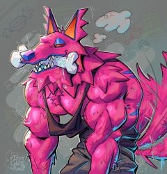 2d_(artwork) alebrije andy_fangerson anthro biceps big_biceps big_muscles big_pecs epic_games fortnite furry huge_muscles its_coldpizzart male male_focus muscles muscular_male pecs pink_fur red_eyes sharp_teeth tank_top video_game_character waging_tail wolf