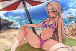 1girls 2d 2d_(artwork) 2d_artwork average_breasts beach belly belly_button bikini bikini_bottom bikini_only bikini_top blonde-haired_female blonde_female blonde_hair blonde_hair_female blue_sky blush blush_face blushing_at_viewer blushing_female breasts breasts_apart calves clouds coast collarbone day daylight daytime digital digital_art digital_drawing digital_drawing_(artwork) digital_media digital_media_(artwork) drawing embarrassed embarrassed_expression embarrassed_female eyebrows_visible_through_hair female female_focus fingers full_body groin hair_between_eyes half_naked half_nude halterneck hand_on_knee hand_on_leg hand_on_own_knee hand_on_own_leg high_resolution highres horizon indie_virtual_youtuber indie_vtuber inframammary_fold inguinal_crease inguinal_ligament knees lean_figure legs legs_apart legs_spread long_hair looking_at_viewer male medium_breasts midriff naked naked_female naked_woman narrow_waist navel nerohikiii nude nude_female nudity ocean outdoor outdoor_nudity outdoors outside partially_exposed_vulva partially_visible_vulva purple_bikini purple_bikini_bottom purple_bikini_top purple_swimsuit purple_swimwear red-eyed_female red_eyes sand sea seaside semi_nude shoulders sitting sitting_on_ass sitting_on_floor sitting_on_ground sky slender_body slender_waist slim_female slim_waist spread_legs spreading_legs spreading_thighs string_bikini swimsuit swimwear thighs tongue tongue_out virtual_youtuber vtuber vtuberfanart water youtuber youtuber_girl