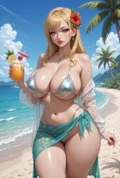 ai_assisted ai_generated bangs beach belly_button bikini blonde_hair cleavage earrings female female_only floral_print flower_in_hair grok hair_over_shoulder holding_drink hourglass_figure large_breasts light-skinned_female long_hair loose_hair micro_bikini midriff nail_polish ocean ocean_background open_shirt palm_leaf palm_tree pelvic_line purple_eyes rgomez007 sarong seductive_look self_upload shirt_down sideboob solo_female stable_diffusion standing swimsuit thick_eyelashes thick_thighs thong_straps transparent_clothing transparent_shirt tropical tropical_drink underboob warm_lighting wide_hips