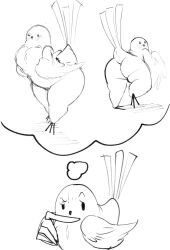 animal ass avian beak bird bird_tail blush breasts eyelashes female humanoid looking_at_viewer looking_back meweeze tail tail_feathers thighs thinking thinking_cloud white_body white_feathers white_fur wings