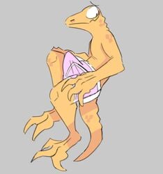 anthro bulge clothing erection hi_res lizard looking_away male orange_body orange_skin pose reptile scalie simple_background smile sodacaps solo underwear