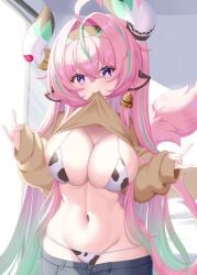 absurdres ahoge animal_ears animal_print aqua_hair bell bikini breasts brown_sweater clothes_lift clothes_pull commentary_request cow_ears cow_horns cow_print cow_print_bikini cowbell denim female female_only fuyunash1 genshin_impact highres horns jeans large_breasts long_hair looking_at_viewer multicolored_hair navel pants pants_pull pink_hair print_bikini purple_eyes solo stomach sweater sweater_lift swimsuit two-tone_hair varesa_(genshin_impact) very_long_hair
