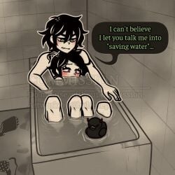 1boy 1girls 2d andrew_graves ashley_graves bath bathing bathing_together bathroom black_hair blush brother_and_sister bublstep clothing_aside dialogue embarrassed english_text female green_eyes incest male nude pink_eyes siblings straight the_coffin_of_andy_and_leyley water