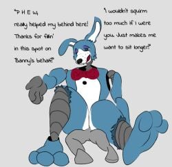2boys 3_toes ambiguous_gender animatronic animatronic_male anon anthro anthro_focus anthro_male ass blue_body blue_fur bon_(the_walten_files) bow_tie bowtie button dark_green_eyes dialogue digital_media_(artwork) duo duo_male english english_dialogue english_text facesitting feet fetish furry furry_focus furry_male green_eyes grey_background grey_body grey_hands joints lagomorph lidded_eyes light_grey_background male_ass male_butt male_duo male_only male_pred only_male paws plain_background png purple_eyelids rabbit red_bow_tie red_bowtie red_mouth robot simple_background text the_walten_files white_belly white_inner_ear white_snout white_stomach who_are-you