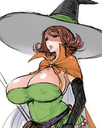 1girls 2013 4:5 black_gloves breasts brown_eyes brown_hair cape cleavage clothed clothing dragon_quest dragon_quest_iii dress earrings elbow_gloves female female_only gloves green_dress hat huge_breasts jewelry large_breasts lips mage mage_(dq3) matching_hair/eyes mature_female nipple_bulge poin short_hair simple_background solo teeth tight_clothing tight_dress tight_fit white_background witch_hat