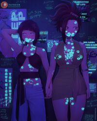 2girls after_kiss arm_up big_breasts bite_mark bite_mark_on_chest bite_mark_on_neck bite_mark_on_shoulder bite_mark_on_stomach bite_mark_on_thigh bite_marks blacklight blush blush_lines boob_window breasts clothed clothing dismaiden embarrassed embarrassed_expression fully_clothed glowing_markings holding_hands implied_yuri kiss_mark kiss_mark_on_chest kiss_mark_on_face kiss_mark_on_thighs kiss_marks kyoka_jiro looking_away momo_yaoyorozu my_hero_academia neon_lights poster sideboob tagme thick_thighs thighs wall writing_on_wall yuri