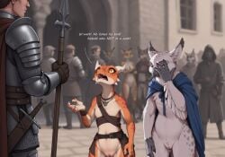 1boy 2025 2girls accent ai_generated anthro argument arm_wraps armor avian beak belt bird black_sclera blurred_background bottomless canid canine chest_wraps cloak clothed clothing countershading crowd detailed_background english_text facepalm feathers felid feline female female_anthro feylinn_(midria) folrixi_(midria) fox furry genitals group hi_res horn human imagen_3 jewelry kobold kobold_(midria) language_barrier larger_male looking_up_at_another lynx male male_human mammal medieval melee_weapon necklace nude open_mouth orange_body orange_scales overland_kobold_(midria) owl pipin_(midria) polearm public pussy scales scalie scuted_hands scutes size_difference smaller_female social_nudity spear spots sword tagme terraraptor text town trio weapon white_body white_countershading white_feathers white_horn world_of_midria wraps yellow_eyes