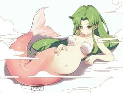 bangs breasts cloud collarbone eyebrows_visible_through_hair female green_eyes green_hair humanoid long_hair looking_at_viewer lying medium_breasts mermaid monster_girl navel nude pregnant shell shell_bikini smile solo steam very_long_hair