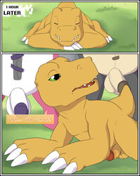 agumon anthro balls bandai_namco comic dialogue digimon digimon_(species) dinosaur english_text erection extyrannomon genitals green_eyes group hi_res humanoid_genitalia humanoid_penis male male_only penis plushie reptile scalie shadowpelt sleeping teddy_bear text warumonzaemon