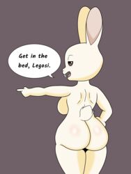 3:4 absurd_res anthro ass beastars bedroom_eyes big_butt bloodred739 breasts brown_eyes buckteeth dialogue english_text female fur haru_(beastars) hi_res lagomorph leporid looking_at_viewer looking_back looking_back_at_viewer mammal narrowed_eyes nude open_mouth rabbit rear_view scut_tail seductive short_tail side_boob solo teeth text white_body white_fur wide_hips