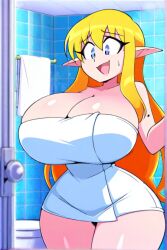 ai_generated blonde_hair elf female female_only huge_breasts long_hair schoolgirl tiffania_westwood towel zero_no_tsukaima