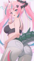 1girl 1girls :d arknights arknights:_endfield ass bangs bare_shoulders blue_eyes blue_hair blush bra breasts female female_only fishnets from_behind hair_ornament horns large_breasts long_hair looking_at_viewer looking_back multicolored_hair neurotic_neko open_mouth pantyhose pink_hair pointy_ears short_shorts shorts smile solo streaked_hair tail thick_eyebrows twintails two-tone_hair underwear very_long_hair yvonne_(arknights:_endfield)