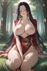 1girl ai_generated bangs black_hair blue_eyes blush boa_hancock breasts breasts_outside collarbone dress earrings forest grass heart hi_res high_quality high_resolution jewelry large_breasts long_hair looking_at_viewer nature nipples no_panties one_piece parted_bangs patreon seductive sexy sitting solo thighs uncensored very_long_hair watermark