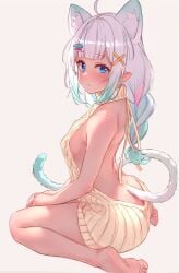 ahoge animal_ears artist_request backless_outfit bangs bare_back bare_shoulders barefoot blue_eyes blush breasts cat_ears cat_girl cat_tail dress female full_body hair_ornament hairclip halterneck long_hair looking_at_viewer medium_breasts meme_attire mint_fantome mint_fantome_(otaku) multicolored_hair sideboob sitting solo source_request striped sweater tail turtleneck virgin_killer_sweater wariza white_background